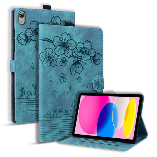 For iPad 10.9 (2022) PU Leather Tablet Case Imprinted Flower Cat Card Holder Stand Tablet Cover