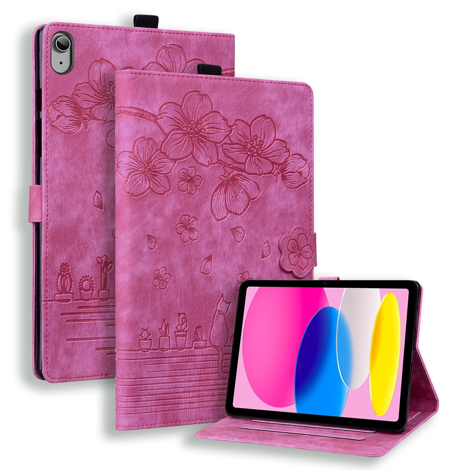 For iPad 10.9 (2022) PU Leather Tablet Case Imprinted Flower Cat Card Holder Stand Tablet Cover