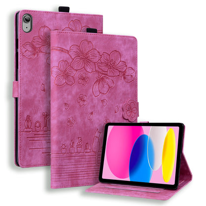 For iPad 10.9 (2022) PU Leather Tablet Case Imprinted Flower Cat Card Holder Stand Tablet Cover