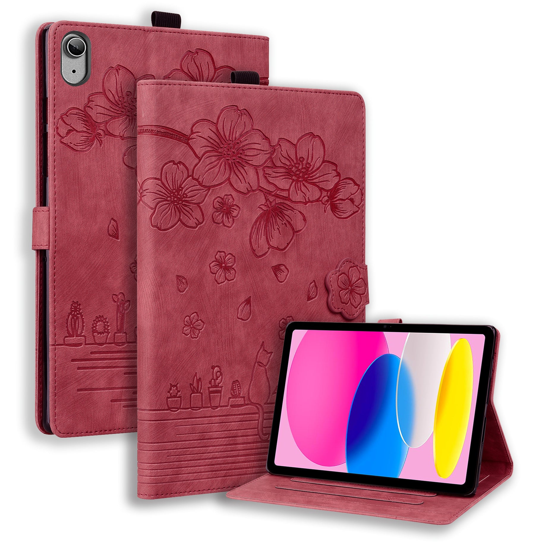 For iPad 10.9 (2022) PU Leather Tablet Case Imprinted Flower Cat Card Holder Stand Tablet Cover