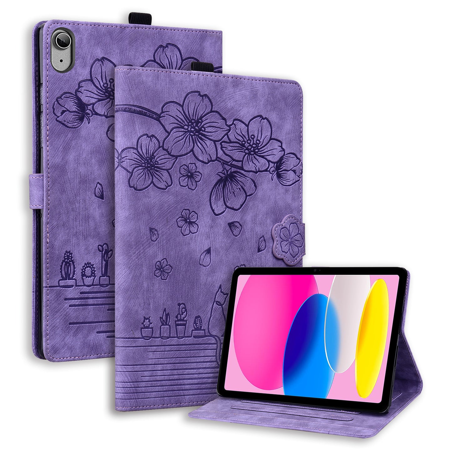 For iPad 10.9 (2022) PU Leather Tablet Case Imprinted Flower Cat Card Holder Stand Tablet Cover