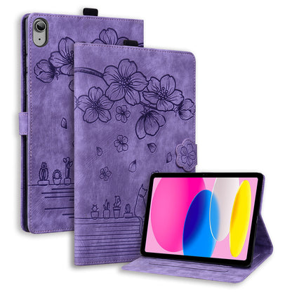 For iPad 10.9 (2022) PU Leather Tablet Case Imprinted Flower Cat Card Holder Stand Tablet Cover