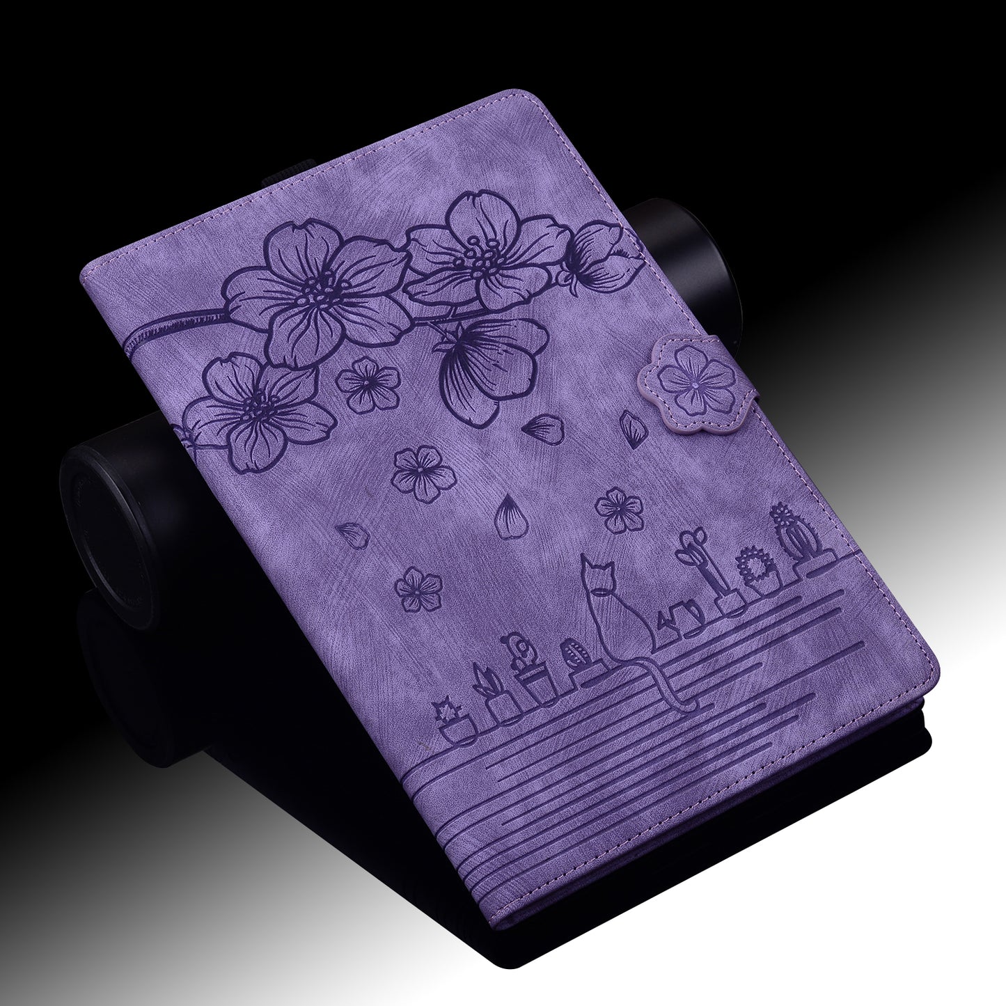 For iPad 10.9 (2022) PU Leather Tablet Case Imprinted Flower Cat Card Holder Stand Tablet Cover