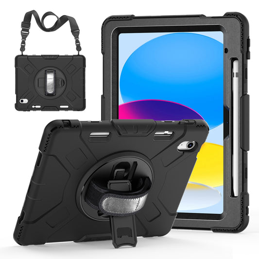 For iPad 10.9 (2022) Shockproof Kickstand Case PC+Silicone Tablet Cover with Shoulder Strap