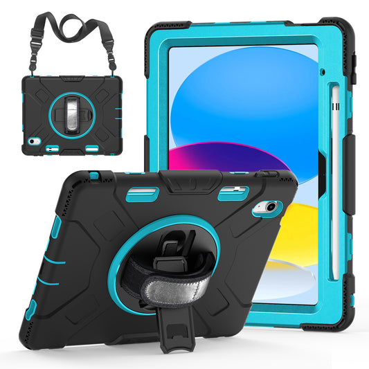 For iPad 10.9 (2022) Shockproof Kickstand Case PC+Silicone Tablet Cover with Shoulder Strap