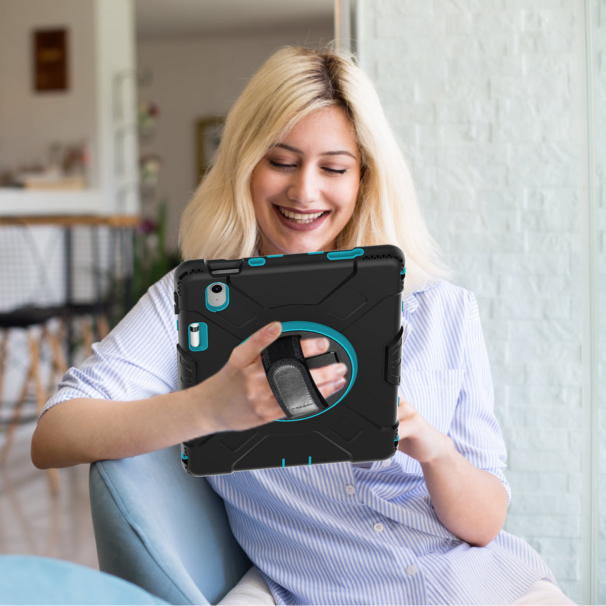 For iPad 10.9 (2022) Shockproof Kickstand Case PC+Silicone Tablet Cover with Shoulder Strap