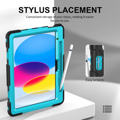 For iPad 10.9 (2022) Shockproof Kickstand Case PC+Silicone Tablet Cover with Shoulder Strap