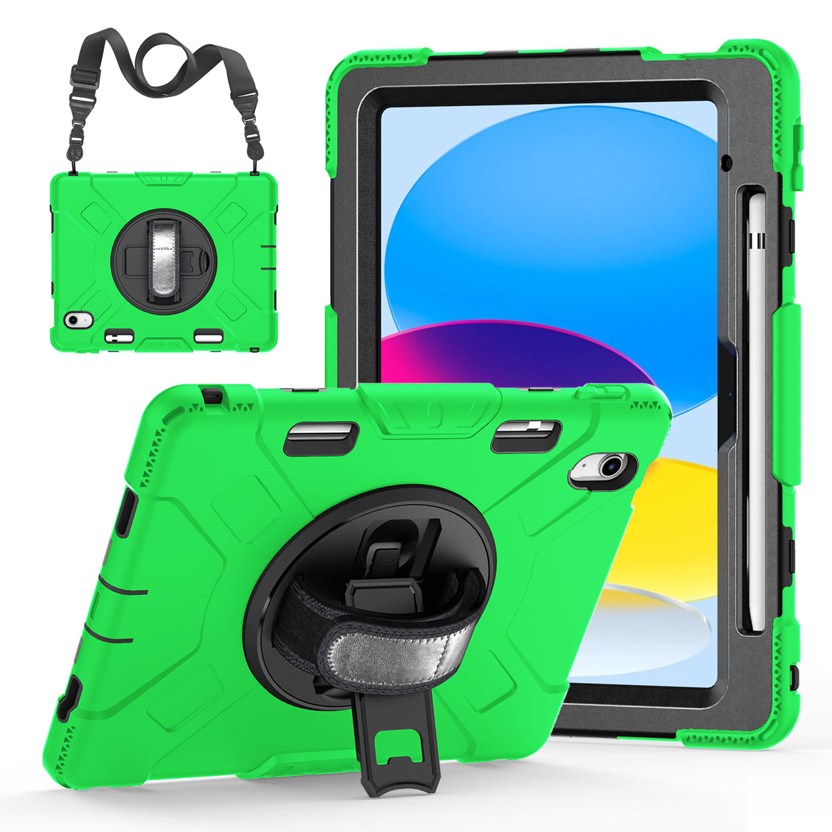 For iPad 10.9 (2022) Shockproof Kickstand Case PC+Silicone Tablet Cover with Shoulder Strap