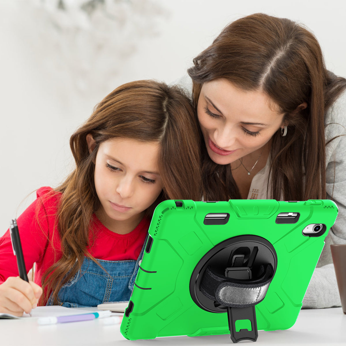 For iPad 10.9 (2022) Shockproof Kickstand Case PC+Silicone Tablet Cover with Shoulder Strap