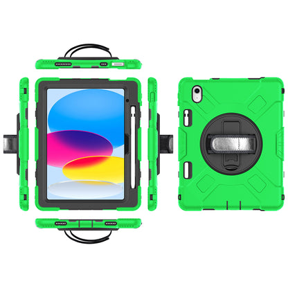 For iPad 10.9 (2022) Shockproof Kickstand Case PC+Silicone Tablet Cover with Shoulder Strap