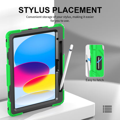 For iPad 10.9 (2022) Shockproof Kickstand Case PC+Silicone Tablet Cover with Shoulder Strap
