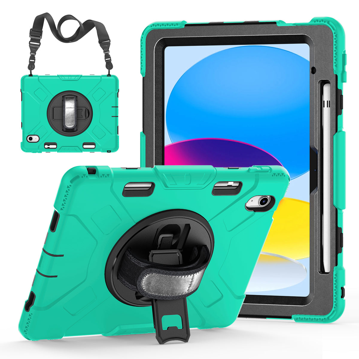 For iPad 10.9 (2022) Shockproof Kickstand Case PC+Silicone Tablet Cover with Shoulder Strap