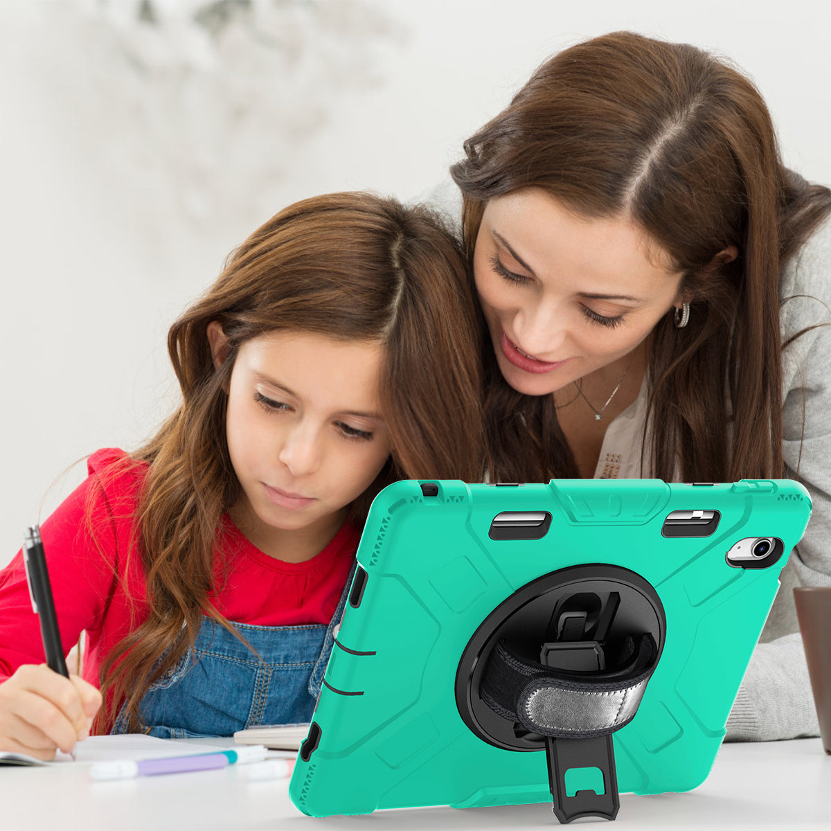 For iPad 10.9 (2022) Shockproof Kickstand Case PC+Silicone Tablet Cover with Shoulder Strap