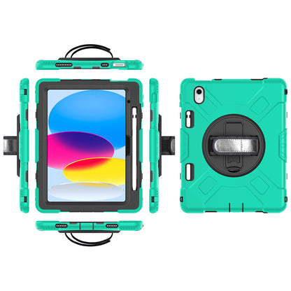For iPad 10.9 (2022) Shockproof Kickstand Case PC+Silicone Tablet Cover with Shoulder Strap