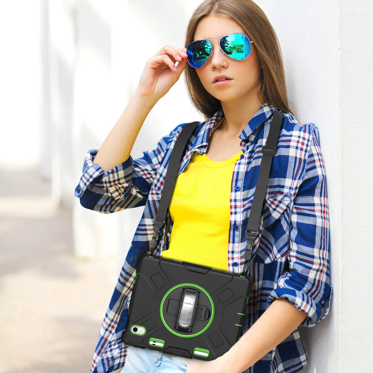 For iPad 10.9 (2022) Shockproof Kickstand Case PC+Silicone Tablet Cover with Shoulder Strap