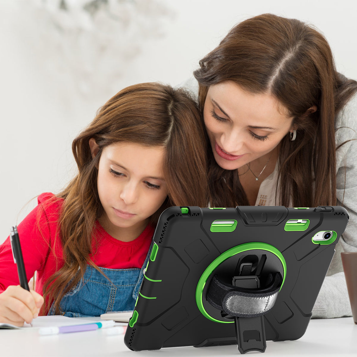 For iPad 10.9 (2022) Shockproof Kickstand Case PC+Silicone Tablet Cover with Shoulder Strap