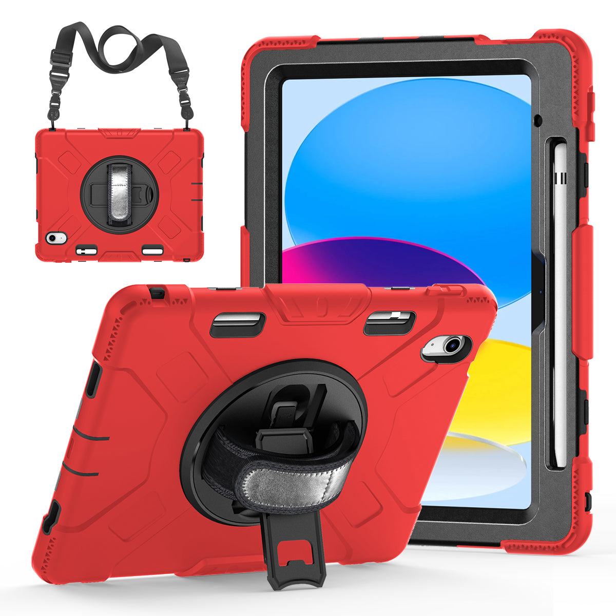 For iPad 10.9 (2022) Shockproof Kickstand Case PC+Silicone Tablet Cover with Shoulder Strap