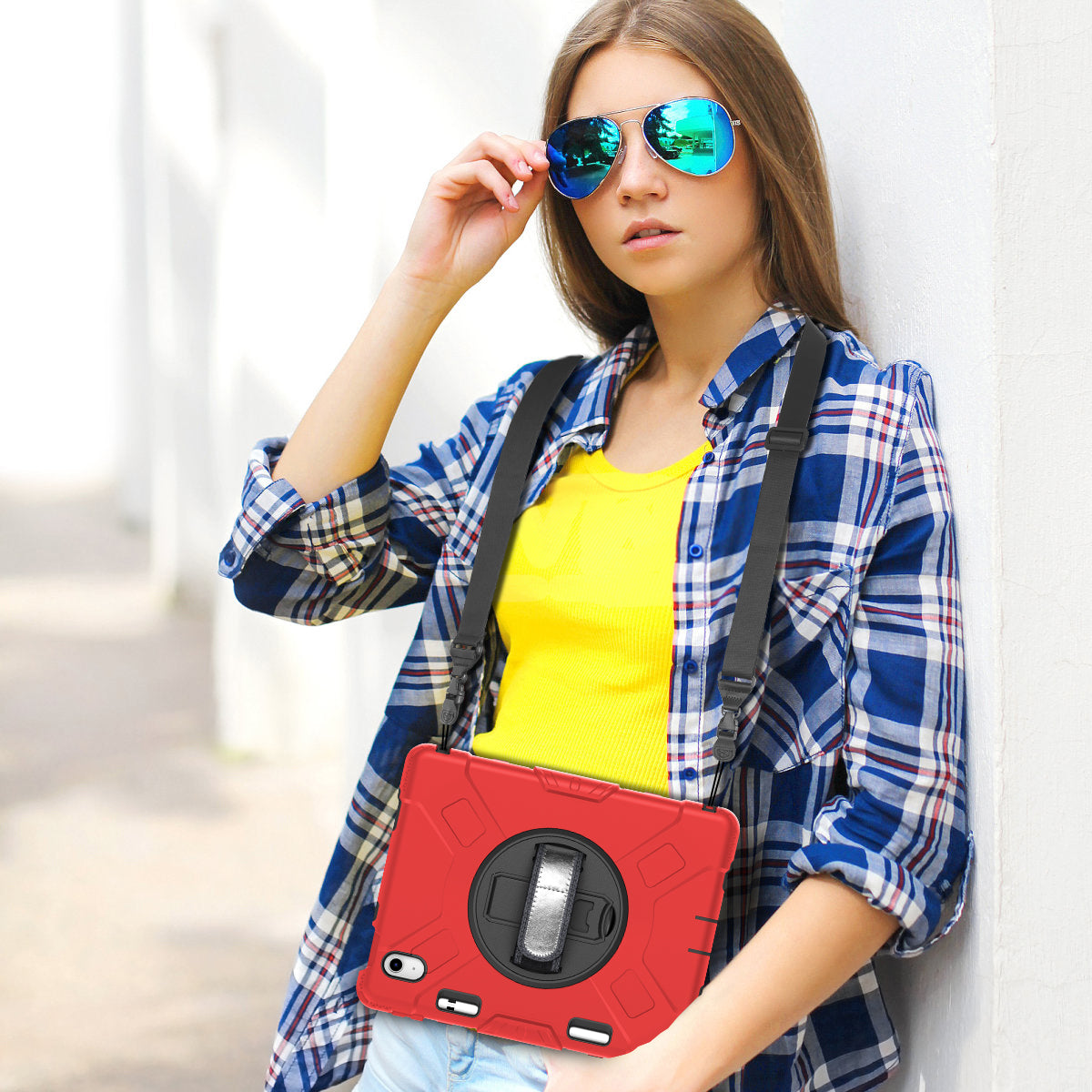 For iPad 10.9 (2022) Shockproof Kickstand Case PC+Silicone Tablet Cover with Shoulder Strap
