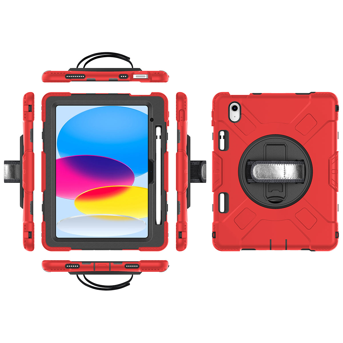 For iPad 10.9 (2022) Shockproof Kickstand Case PC+Silicone Tablet Cover with Shoulder Strap