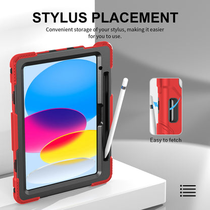 For iPad 10.9 (2022) Shockproof Kickstand Case PC+Silicone Tablet Cover with Shoulder Strap