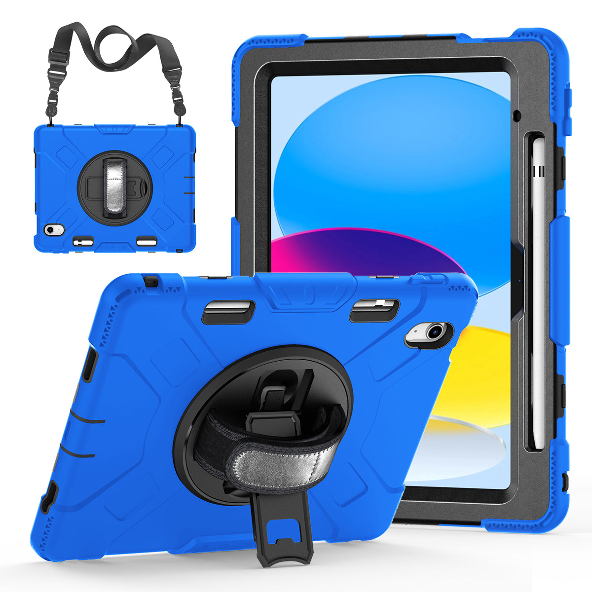 For iPad 10.9 (2022) Shockproof Kickstand Case PC+Silicone Tablet Cover with Shoulder Strap