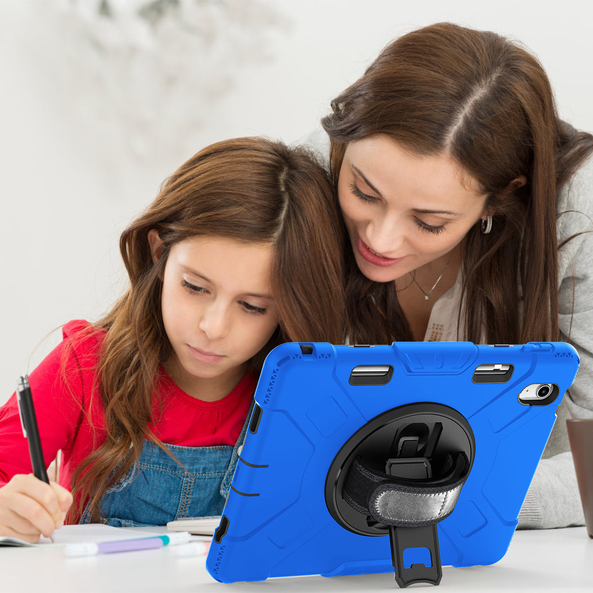 For iPad 10.9 (2022) Shockproof Kickstand Case PC+Silicone Tablet Cover with Shoulder Strap