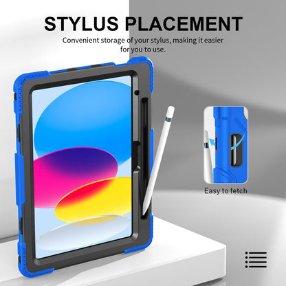 For iPad 10.9 (2022) Shockproof Kickstand Case PC+Silicone Tablet Cover with Shoulder Strap