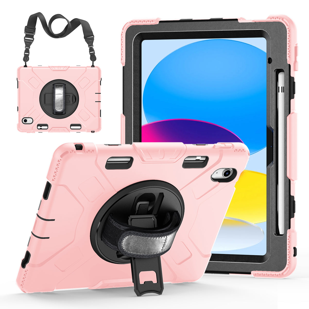 For iPad 10.9 (2022) Shockproof Kickstand Case PC+Silicone Tablet Cover with Shoulder Strap