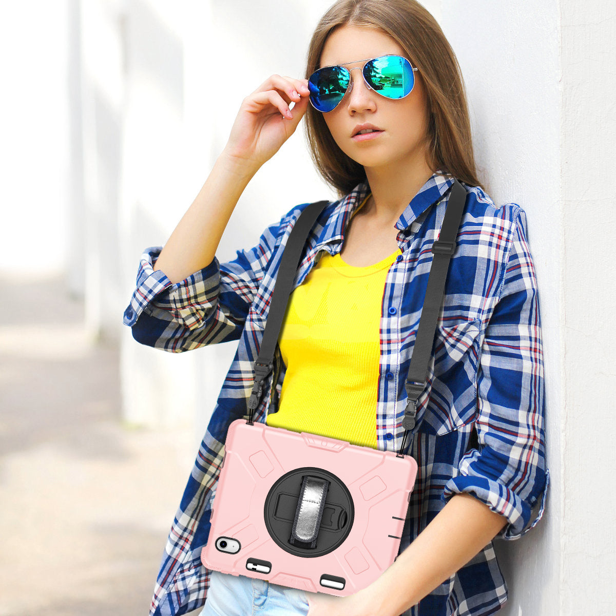 For iPad 10.9 (2022) Shockproof Kickstand Case PC+Silicone Tablet Cover with Shoulder Strap