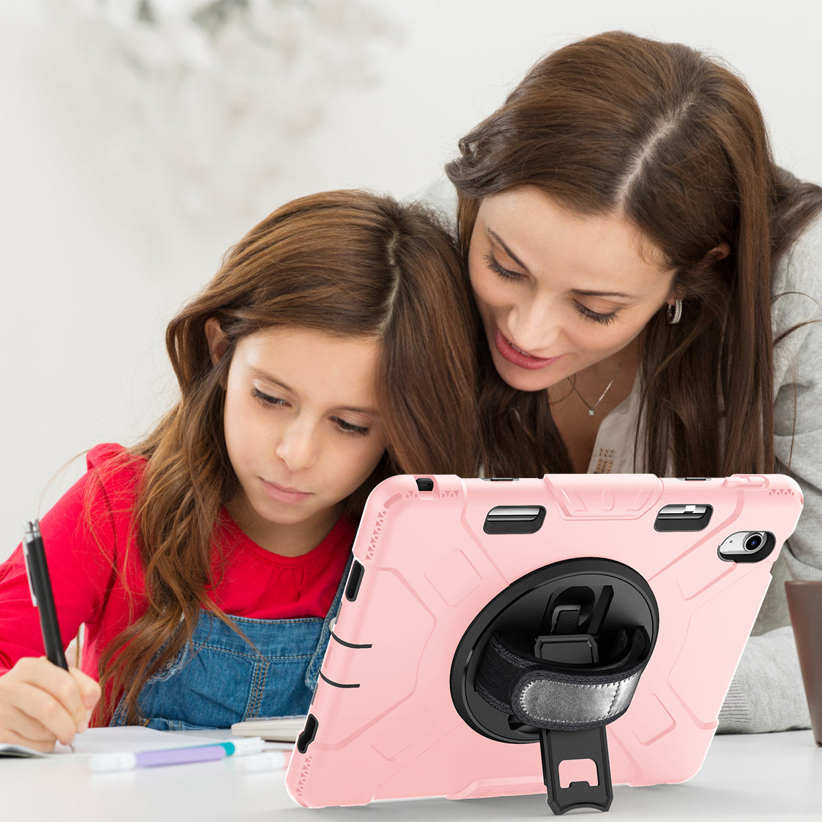 For iPad 10.9 (2022) Shockproof Kickstand Case PC+Silicone Tablet Cover with Shoulder Strap