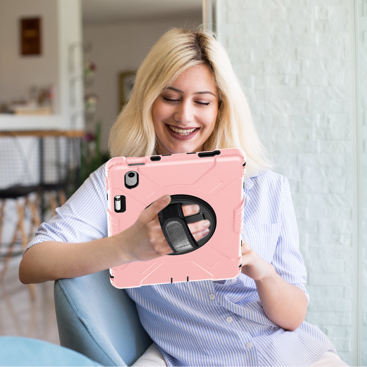 For iPad 10.9 (2022) Shockproof Kickstand Case PC+Silicone Tablet Cover with Shoulder Strap