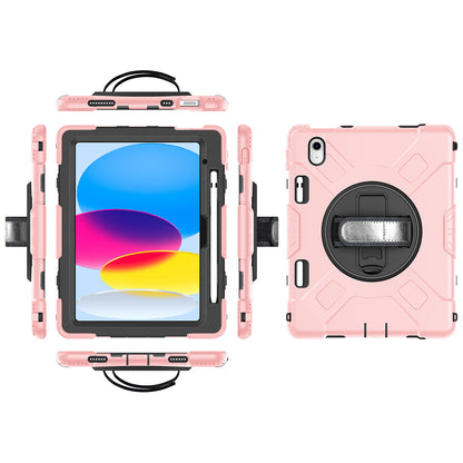 For iPad 10.9 (2022) Shockproof Kickstand Case PC+Silicone Tablet Cover with Shoulder Strap