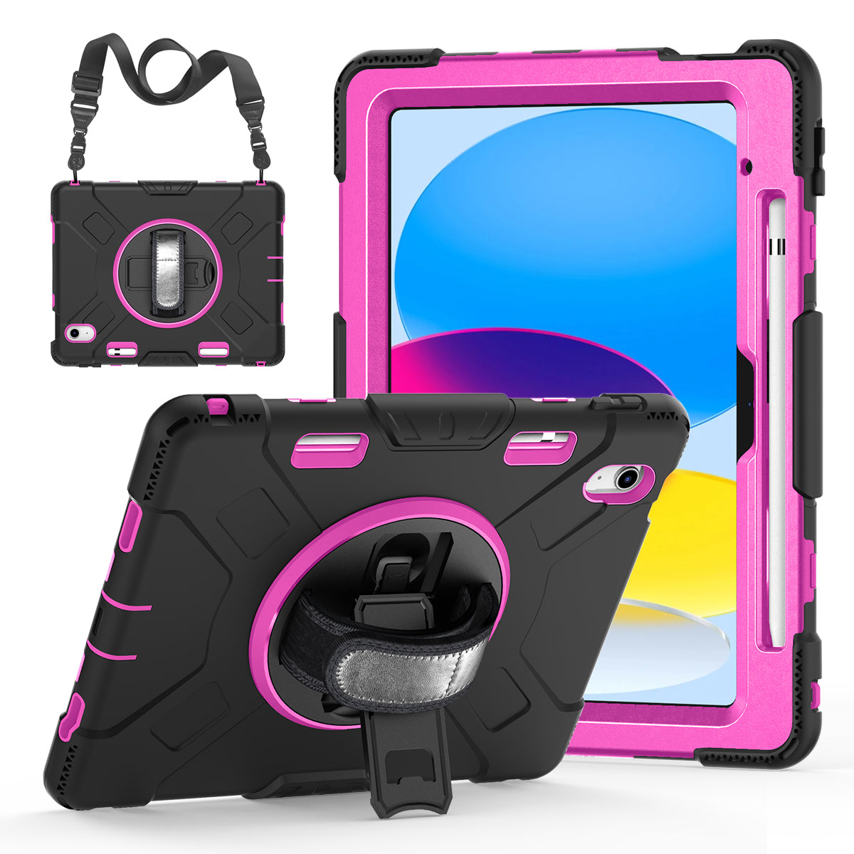 For iPad 10.9 (2022) Shockproof Kickstand Case PC+Silicone Tablet Cover with Shoulder Strap