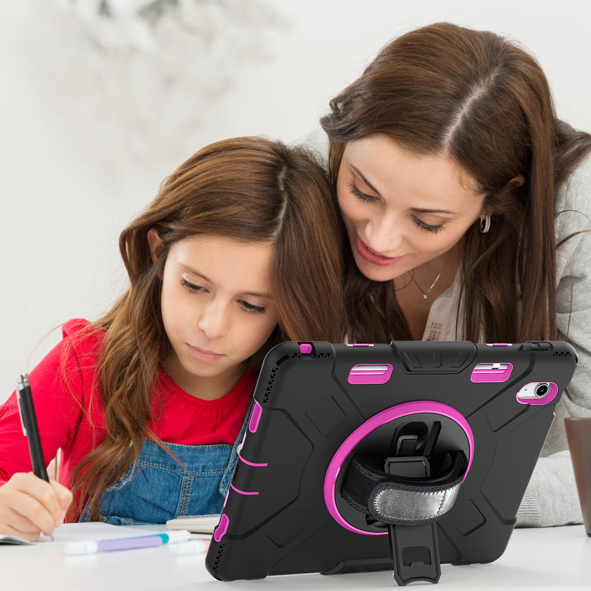 For iPad 10.9 (2022) Shockproof Kickstand Case PC+Silicone Tablet Cover with Shoulder Strap