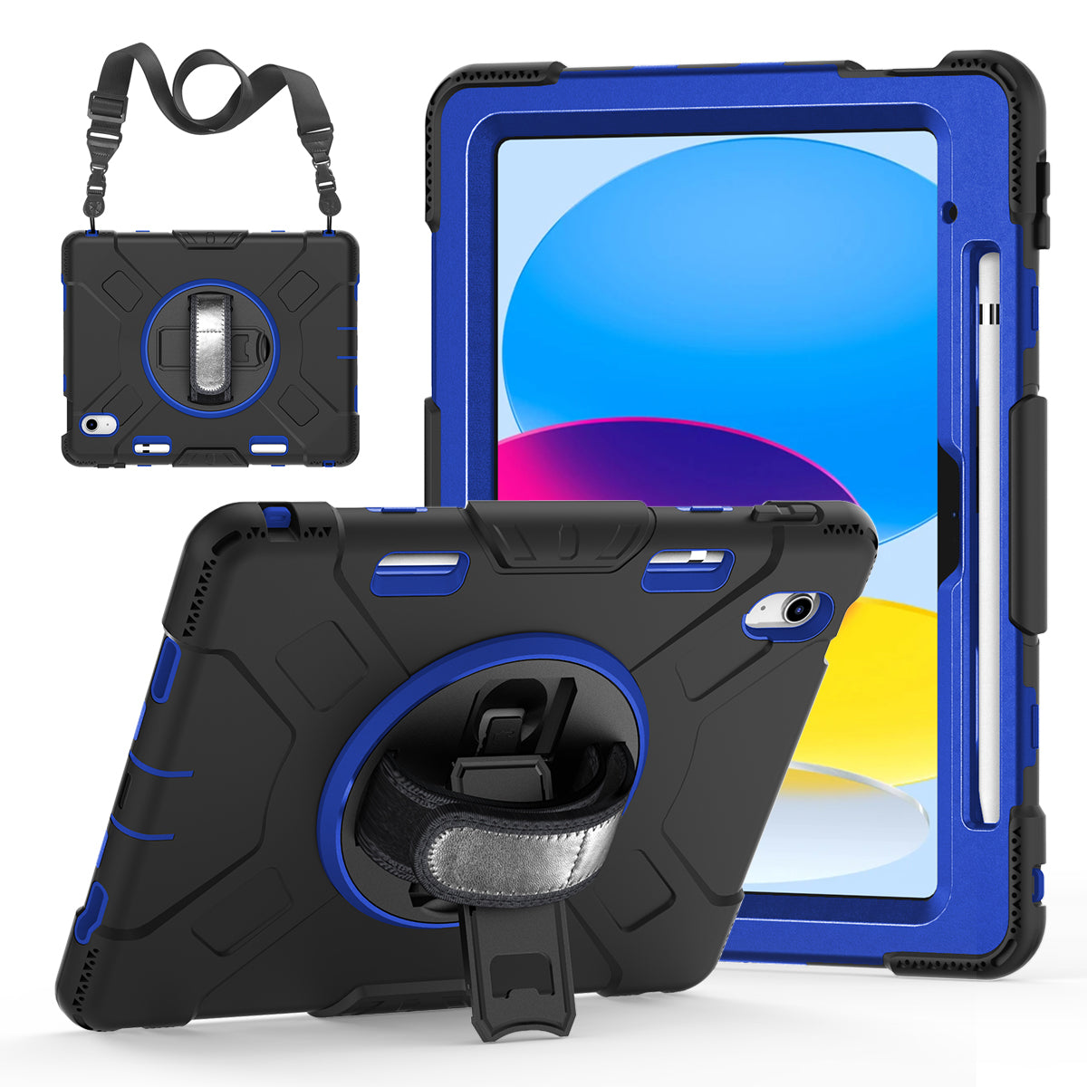 For iPad 10.9 (2022) Shockproof Kickstand Case PC+Silicone Tablet Cover with Shoulder Strap