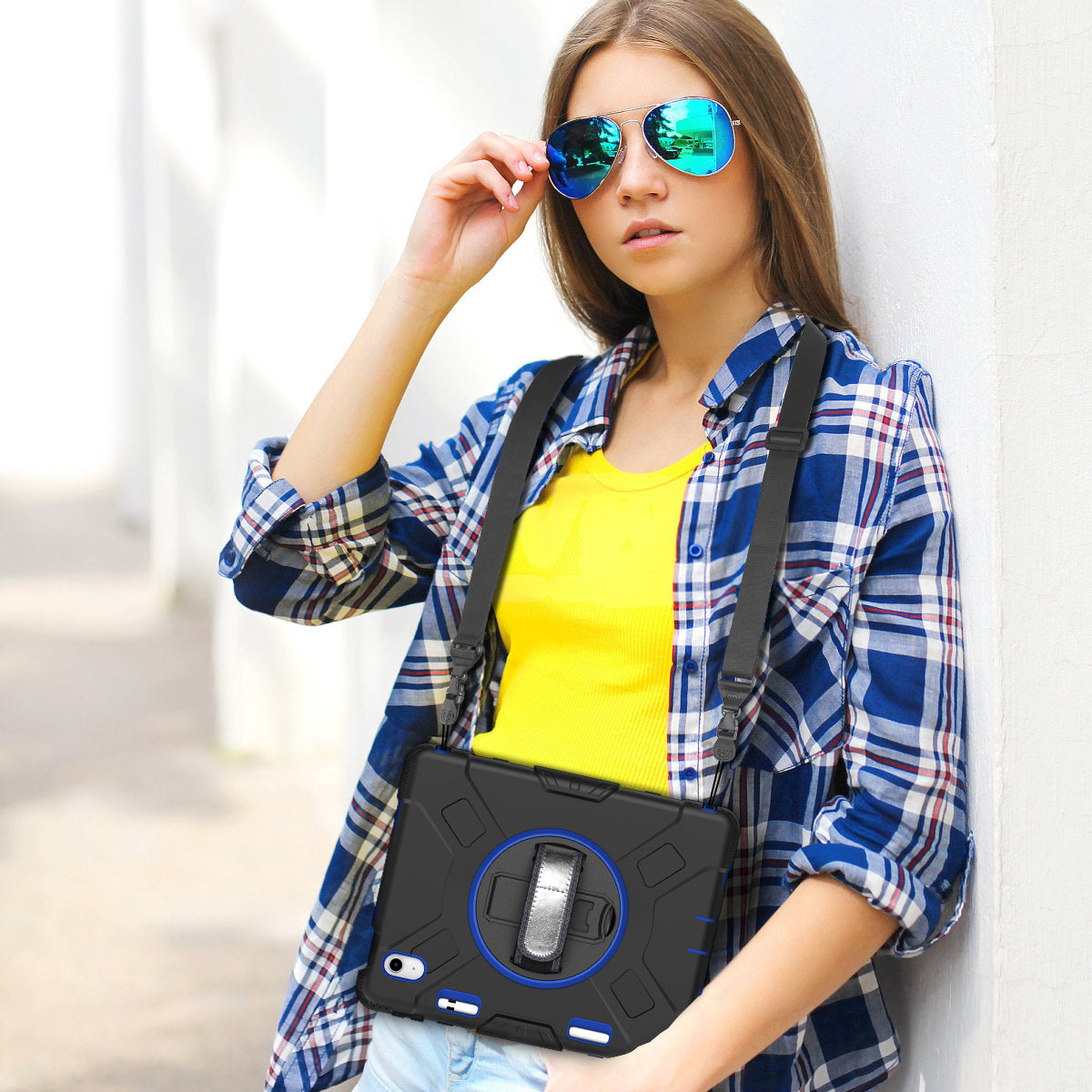 For iPad 10.9 (2022) Shockproof Kickstand Case PC+Silicone Tablet Cover with Shoulder Strap