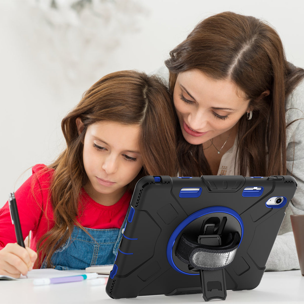 For iPad 10.9 (2022) Shockproof Kickstand Case PC+Silicone Tablet Cover with Shoulder Strap