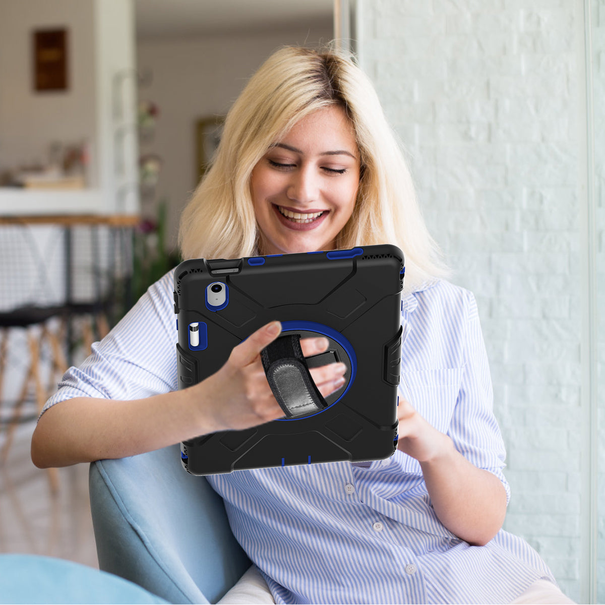 For iPad 10.9 (2022) Shockproof Kickstand Case PC+Silicone Tablet Cover with Shoulder Strap