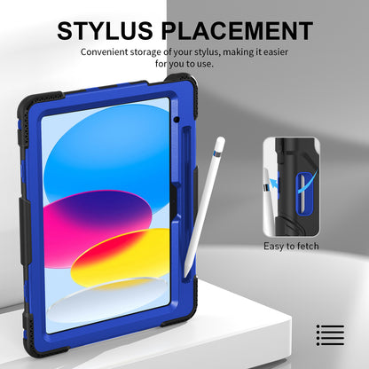 For iPad 10.9 (2022) Shockproof Kickstand Case PC+Silicone Tablet Cover with Shoulder Strap