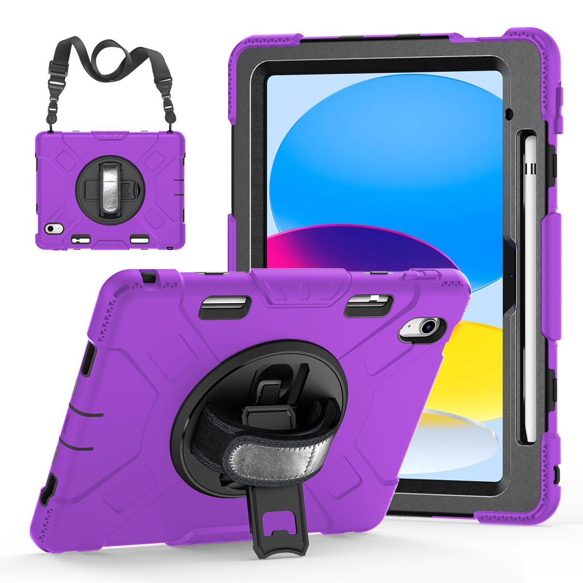 For iPad 10.9 (2022) Shockproof Kickstand Case PC+Silicone Tablet Cover with Shoulder Strap