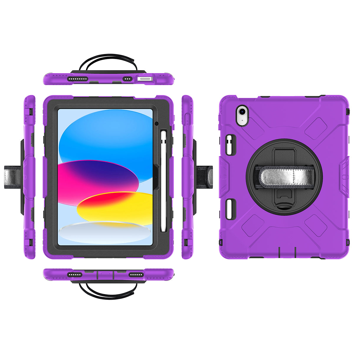 For iPad 10.9 (2022) Shockproof Kickstand Case PC+Silicone Tablet Cover with Shoulder Strap