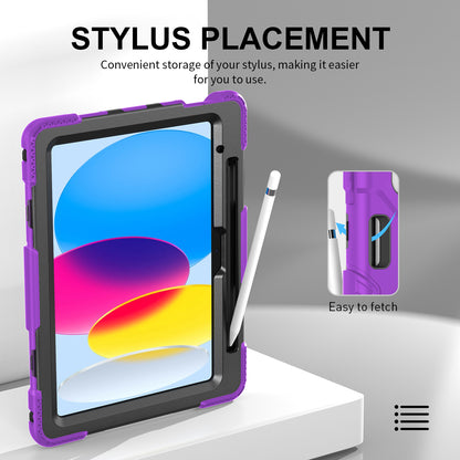 For iPad 10.9 (2022) Shockproof Kickstand Case PC+Silicone Tablet Cover with Shoulder Strap