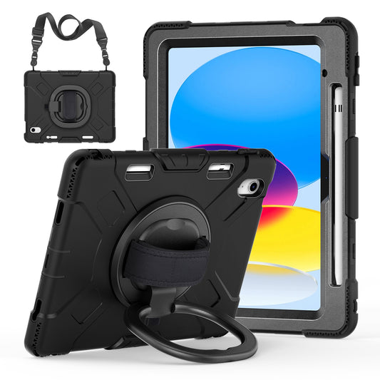 For iPad 10.9 (2022) PC+Silicone Tablet Case Shockproof Rugged Kickstand Cover with Shoulder Strap / Pencil Holder