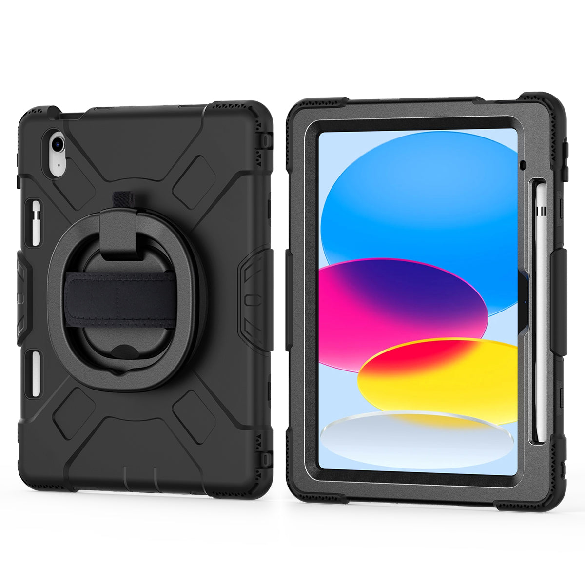 For iPad 10.9 (2022) PC+Silicone Tablet Case Shockproof Rugged Kickstand Cover with Shoulder Strap / Pencil Holder