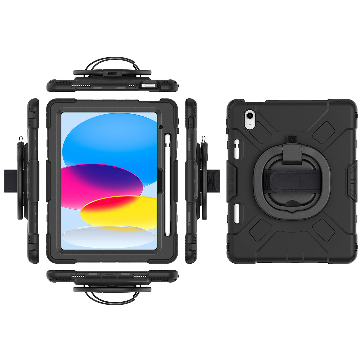 For iPad 10.9 (2022) PC+Silicone Tablet Case Shockproof Rugged Kickstand Cover with Shoulder Strap / Pencil Holder
