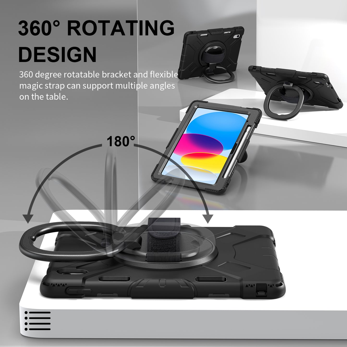 For iPad 10.9 (2022) PC+Silicone Tablet Case Shockproof Rugged Kickstand Cover with Shoulder Strap / Pencil Holder