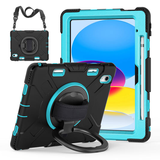 For iPad 10.9 (2022) PC+Silicone Tablet Case Shockproof Rugged Kickstand Cover with Shoulder Strap / Pencil Holder