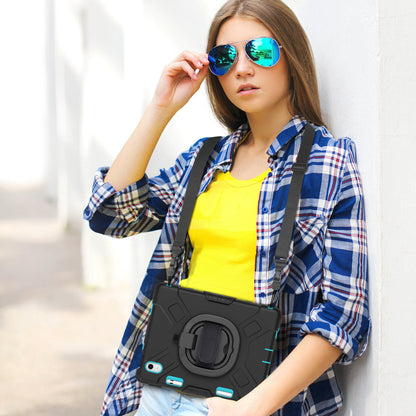 For iPad 10.9 (2022) PC+Silicone Tablet Case Shockproof Rugged Kickstand Cover with Shoulder Strap / Pencil Holder