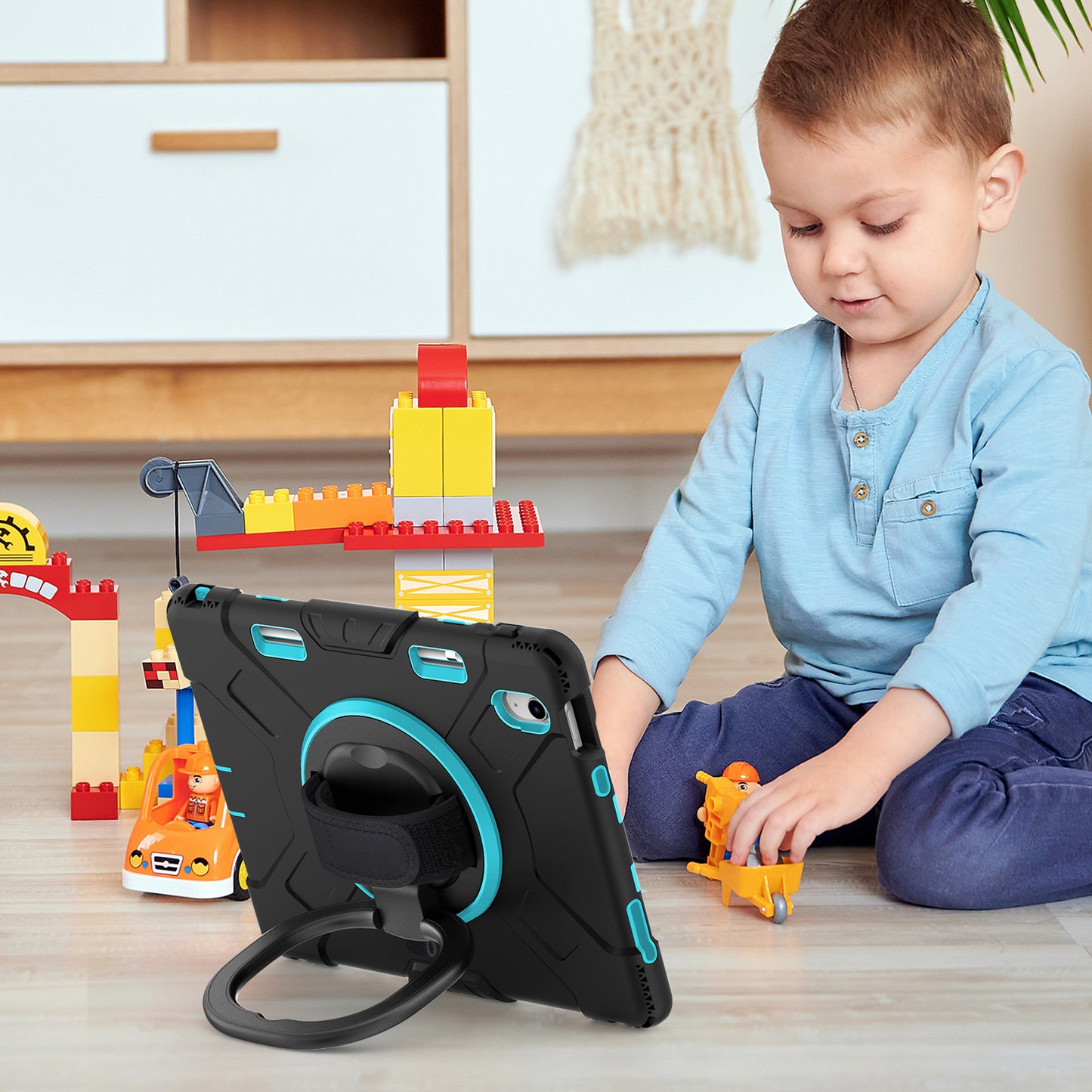 For iPad 10.9 (2022) PC+Silicone Tablet Case Shockproof Rugged Kickstand Cover with Shoulder Strap / Pencil Holder