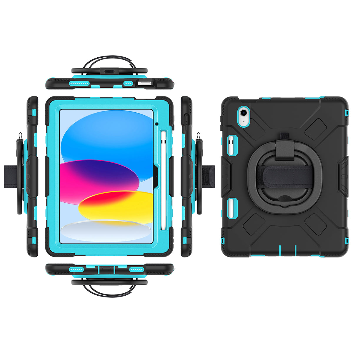 For iPad 10.9 (2022) PC+Silicone Tablet Case Shockproof Rugged Kickstand Cover with Shoulder Strap / Pencil Holder